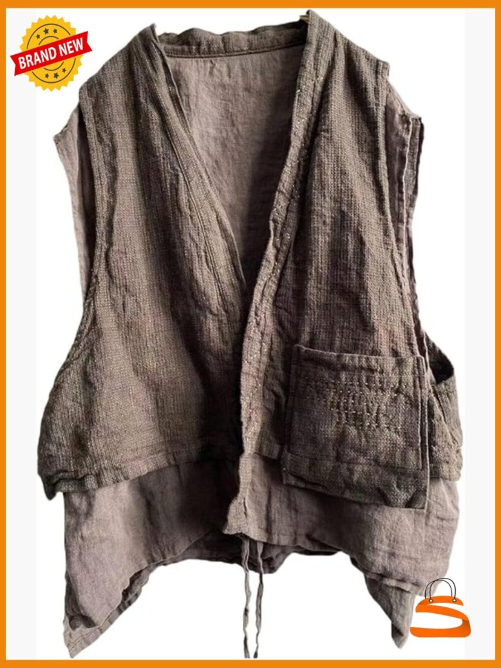 Linen Sleeveless Open Front Kimono Cardigan Vest with Pockets